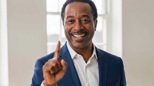 Professional Businessman Gesturing and Smiling with Confidence in a Modern Office Environment
