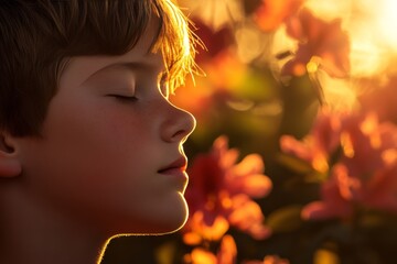 Fototapeta premium Peaceful boy profile at sunset, bathed in golden light.