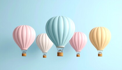 Obraz premium pastel hot air balloons with wicker baskets, symmetrical arrangement on light blue background