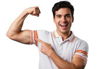 Smiling handsome man pointing at his muscular arm, isolated on a transparent background