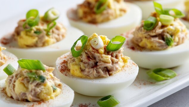 Deviled Eggs Garnish Display. Culinary delight for buffet table or recipe card use