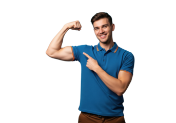 Smiling handsome man pointing at his muscular arm, isolated on a transparent background