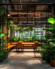 Modern Indoor Workspace with Lush Greenery and Cozy Atmosphere