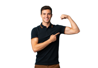 Smiling handsome man pointing at his muscular arm, isolated on a transparent background