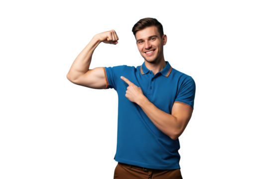 Smiling handsome man pointing at his muscular arm, isolated on a transparent background