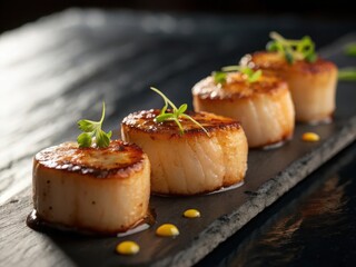 Four perfectly seared golden brown scallops garnished with fresh green herbs served on a dark slate platter