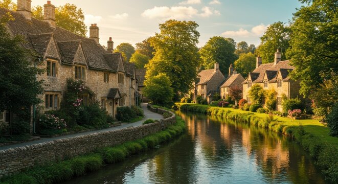 Idyllic English Stone Cottages Bathed in Golden Hour Light by a Serene River