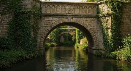 Timeless Passage: Ivy-Covered Gothic Stone Bridges Forming Arched Tunnels Over a Calm River
