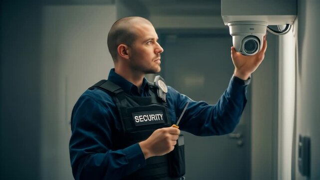 Professional Man Installing Surveillance Camera in Modern Office Environment with Focused Expression