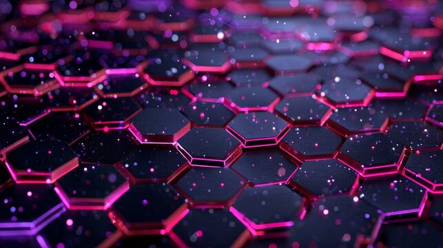 cyberpunk hexagonal grid, glowing magenta and purple highlights, neon lights, dark sci-fi atmosphere, particles floating, high contrast digital structure