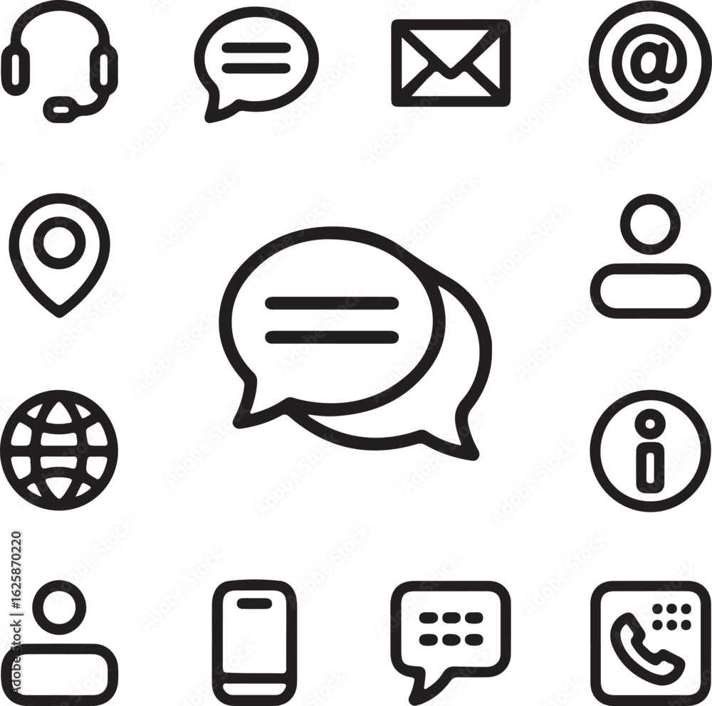 Poster a clean and modern collection of essential communication and contact icons arranged in a grid perfec