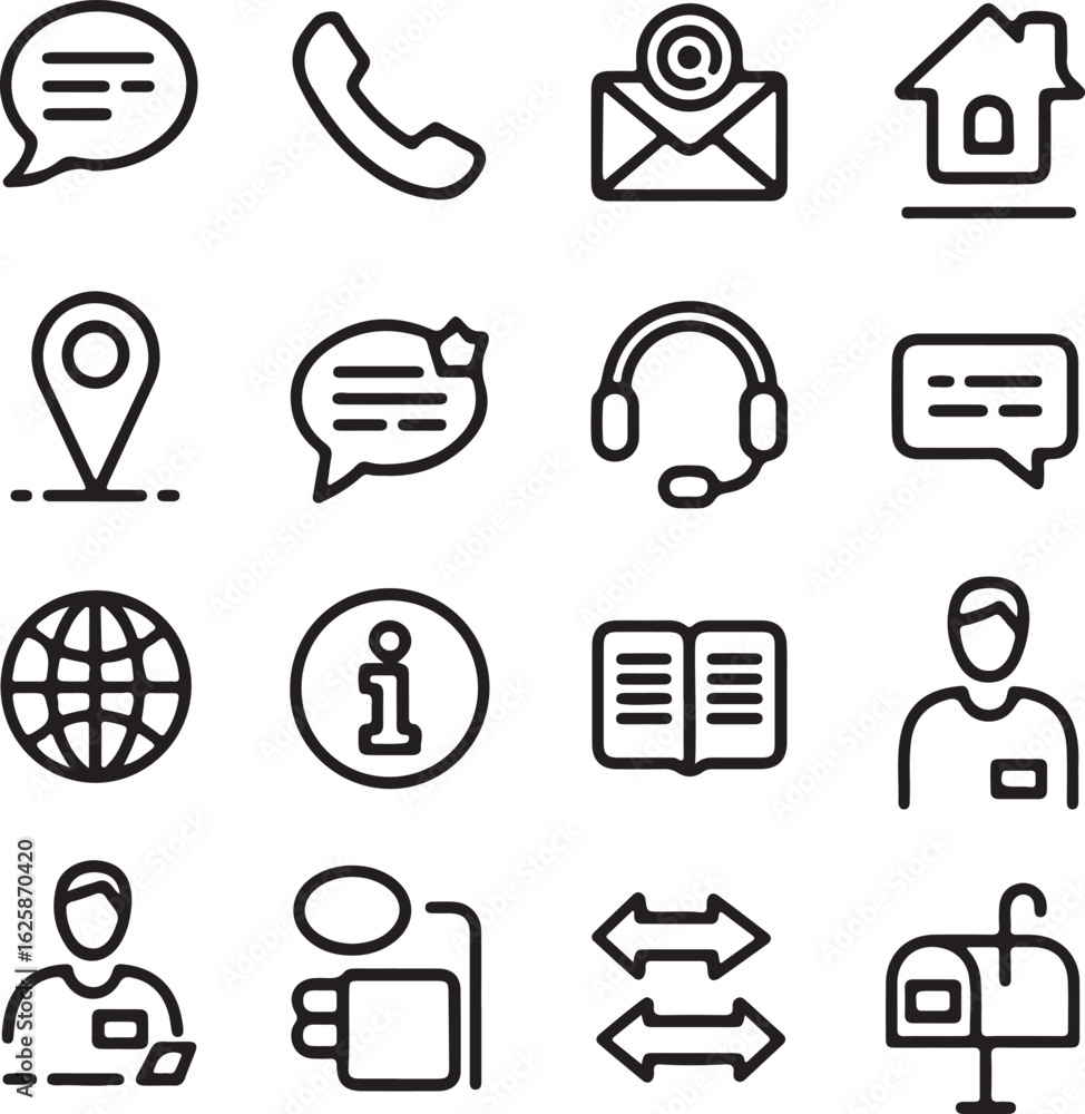 Poster collection of modern outline icons representing communication and contact services including chat bu