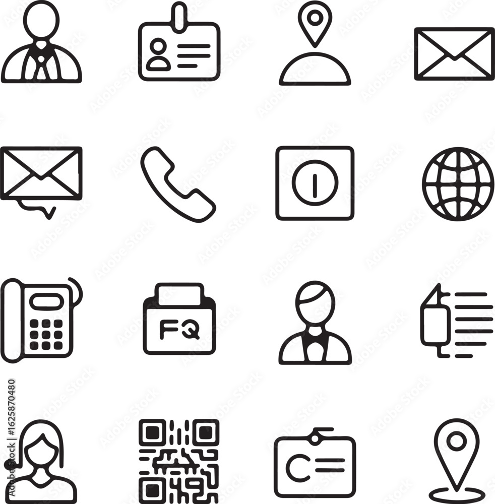 Poster collection of hand drawn outline icons representing various communication and contact methods includ