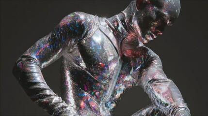 Person covered in reflective material, posing, with a dark background, leans forward