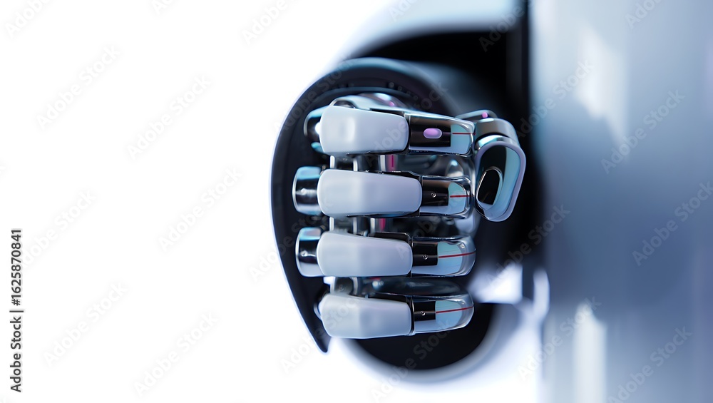 Poster close-up of a sleek white and chrome robotic hand with illuminated accents forming a precise fist on