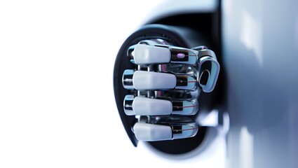 Close-up of a sleek white and chrome robotic hand with illuminated accents forming a precise fist on a bright, minimalist background.