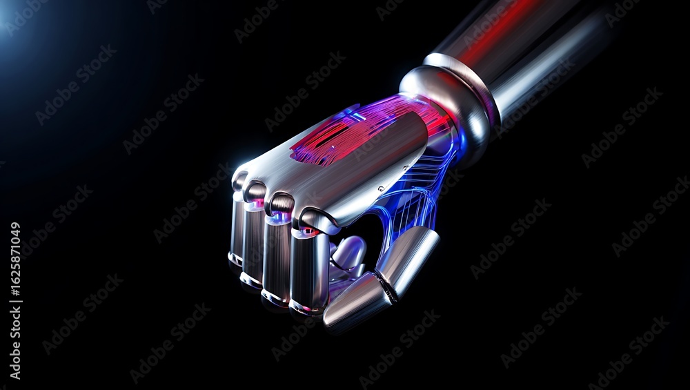 Poster powerful metallic robotic fist with visible glowing blue and red internal circuitry on a dark backgr
