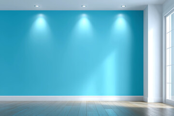 Obraz premium Empty blue wall with wooden floor and ceiling spotlights in bright modern room with natural light from window