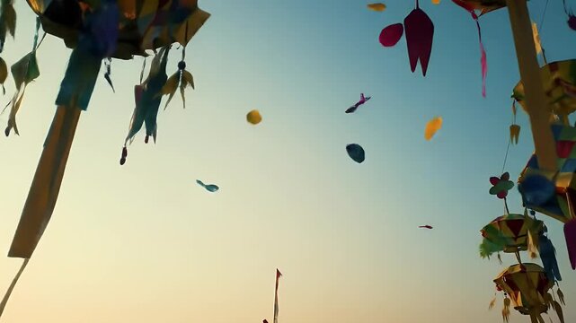 Hari Raya Pura (Piodalan) banner video with soft pastel blue to gold gradient sky, traditional penjor (bamboo decorations) gently swaying