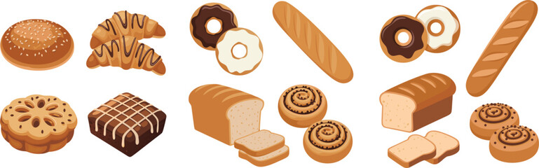 Assortment of Baked Goods Bread Loaves, Croissants, Doughnuts, Buns, Swirls, Brownie, and Other Delicious Pastries
