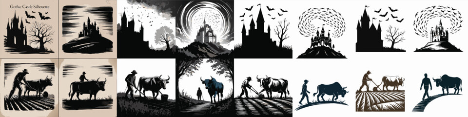 Black and White Gothic Castles, Bats, and Farmers Plowing Fields with Bulls Illustration Collection