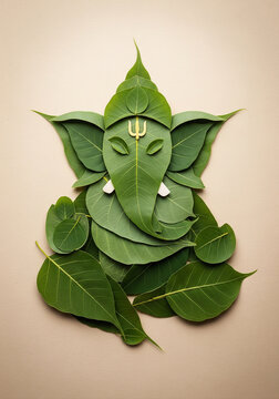 Creative Ganesha made from green Peepal leaves, an eco-friendly concept for the Ganesh Chaturthi festival.