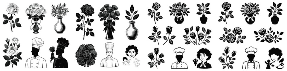 Black and White Graphics Roses, Vases, Cooks, Chefs, and People Icons Assortment