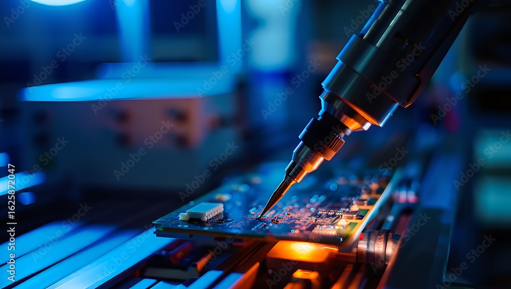 Poster robotic arm precisely assembling components on a glowing circuit board in a high-tech factory settin