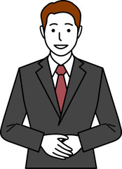 メガネ無し、グレースーツ、正面を向き、両手を前で重ねて話す男性