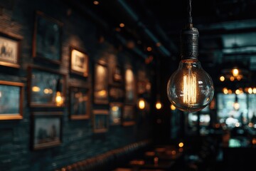Warm light bulb, framed photos on dark wall