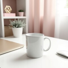 Obraz premium Mug mockup a white mug with a handle sitting on a wooden surface next to a white rose with bokeh background lights