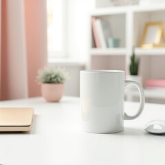 Obraz premium Mug mockup a white mug on a desk with a laptop and mouse near a window and a bookshelf in the background