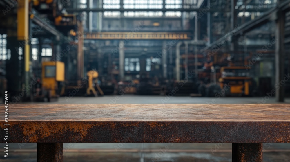 Poster a close-up view of a rustic metallic table surface set against an expansive, empty industrial wareho