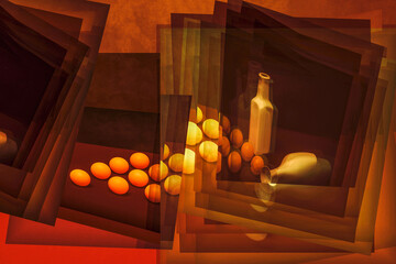 Abstract collage with orange balls and vases