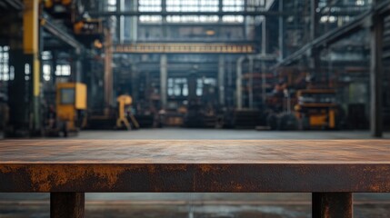Naklejka premium A close-up view of a rustic metallic table surface set against an expansive, empty industrial warehouse. The image captures unique textures and an intriguing atmosphere in a factory setting.