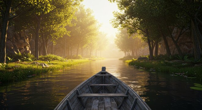 Drifting Down a Serene River into the Golden Haze of a Sunlit Forest Vista.