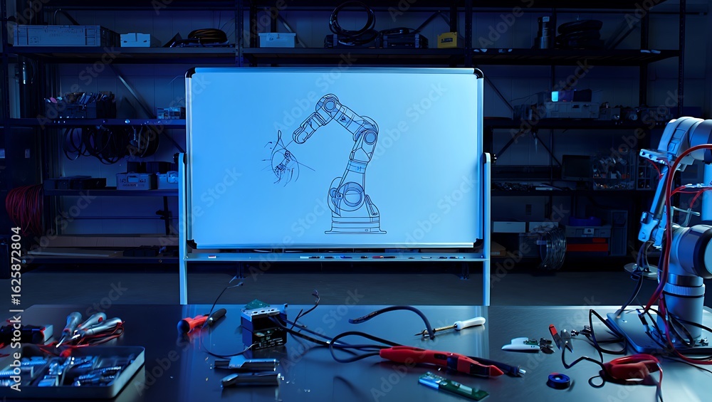 Poster engineering workbench with tools and components under blue light, facing a whiteboard displaying a d
