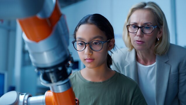 Focused young girl in glasses intently observing an orange robotic arm with an older mentor in a modern STEM lab.