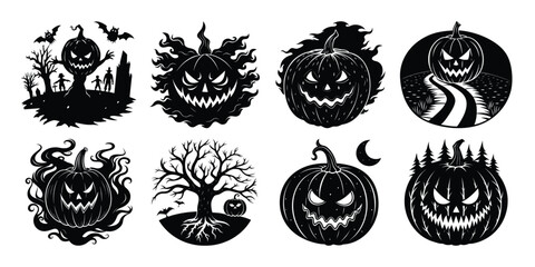 Fog & Shadows Pumpkin Faces – Misty Halloween Silhouette Vector Set.