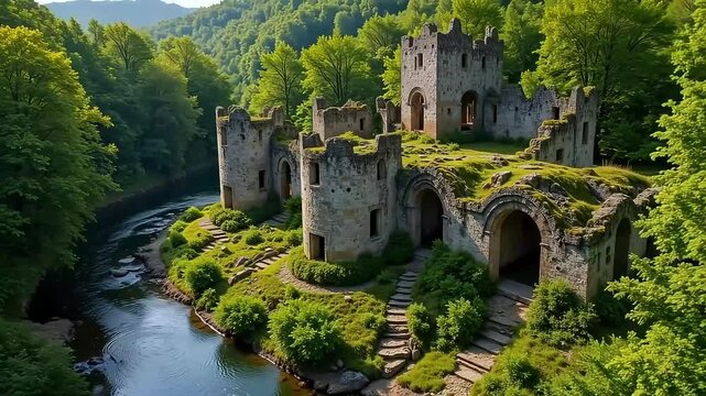 Dramatic ruins of ancient castle tower over riverbank with lush forest backdrop creates dreamy scenery