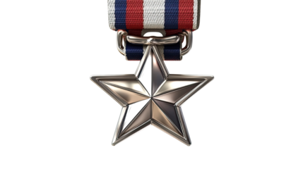 Silver star on striped strap military medal in 3d rendering style isolated on white background