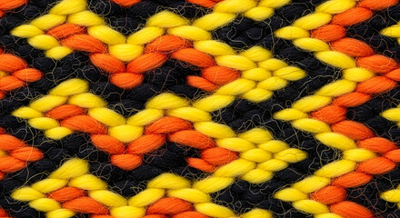 Intricate knitted pattern featuring vibrant yellow, orange, and deep black wool threads