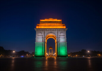 India Gate in New Delhi illuminated with Indian flag tricolor lights at night for Independence Day or Republic Day.