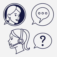 Line drawing icons of customer support representatives and speech bubbles on a white background