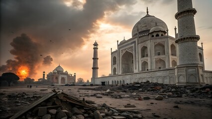 Grand Marble Monument Engulfed in Flames Beneath a Stormy Sky