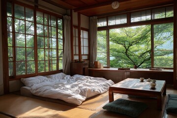 Obraz premium Interior Bedroom Bed on Tatami Mat, Tea on Table, Nature View for Relaxation, Tourism