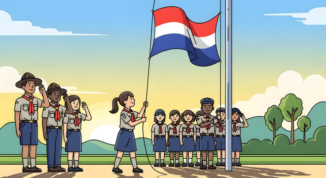 A diverse group of young scouts in uniform participates in a flag-raising ceremony outdoors. - Powered by Adobe