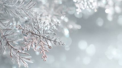 Fototapeta premium elegant white Christmas background, silver and crystal snowflakes, subtle sparkle and bokeh, frosted pine branches, minimal holiday decor
