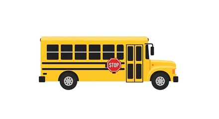 A yellow school bus with black windows and a stop sign on the side isolated on a white background