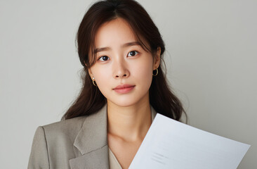 Close-up of Korean woman holding printed resume folder